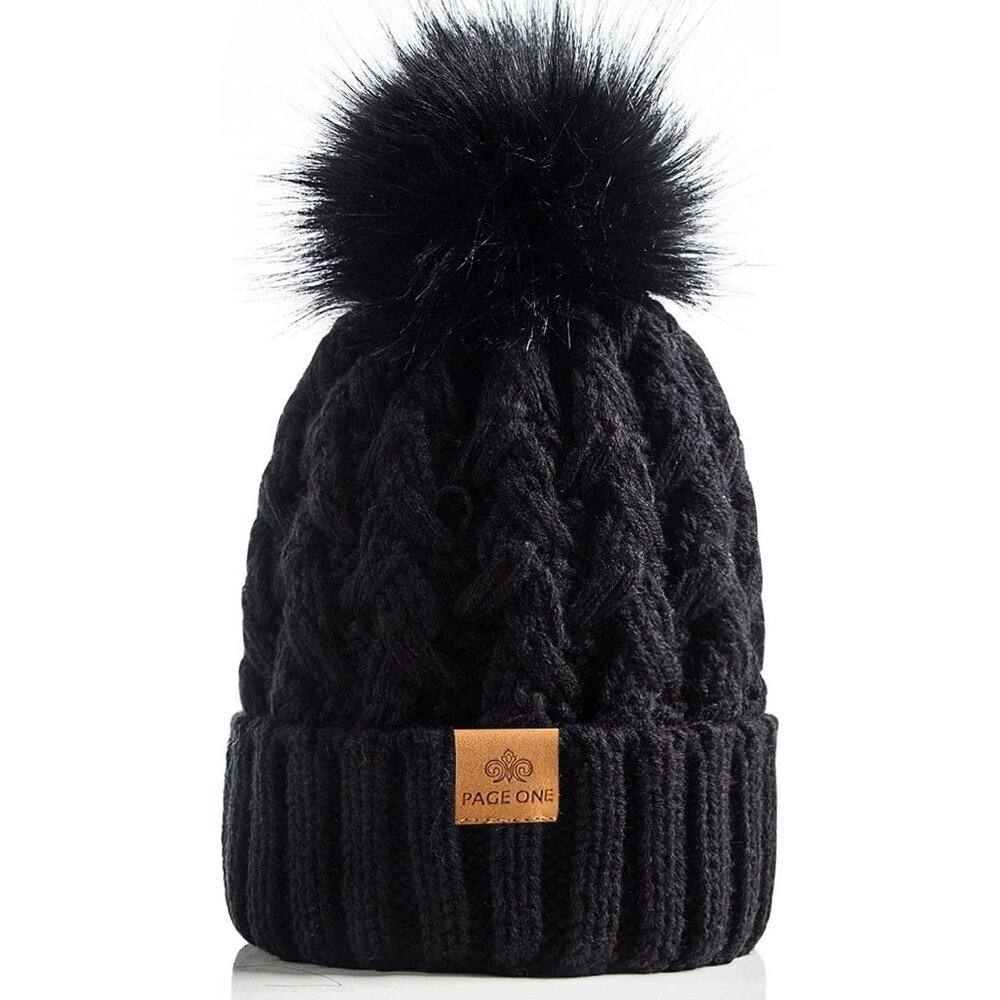 Women’s Black Winter Ribbed Beanie Hat Chunky Cable Knit Pompom Warm